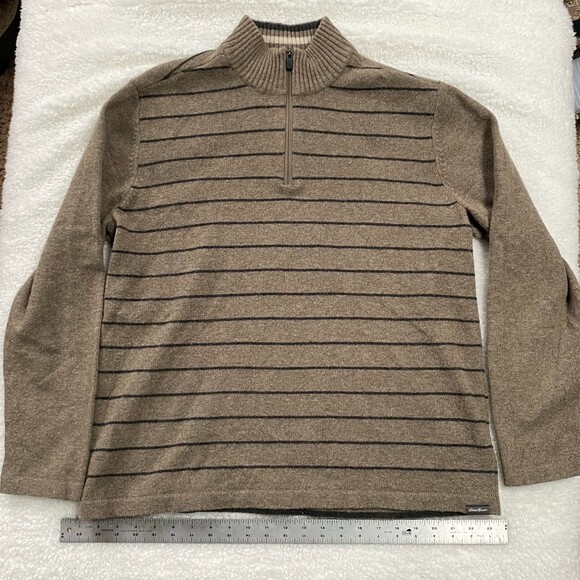 Eddie Bauer Oatmeal Stripe Wool Blend Zip Henley Pullover Sweater Size Large - Picture 1 of 10